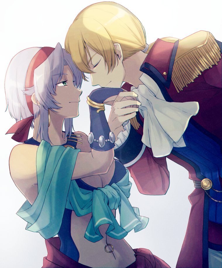 1boy 1girl bangs blonde_hair bracelet breasts cleavage_cutout closed_eyes coat couple cowboy_shot earrings eiyuu_densetsu epaulettes face-to-face fingerless_gloves gloves green_eyes hairband hand_kiss handkerchief hetero hoop_earrings jewelry kiss long_sleeves medium_breasts midriff navel navel_piercing necklace olivier_lenheim parted_bangs piercing profile sash scherazard_harvey shirt short_hair short_ponytail silver_hair simple_background smile sora_no_kiseki tekutonbo uniform vest white_background