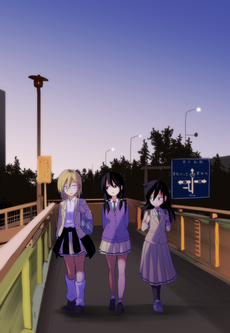 3girls black_hair black_legwear blazer blonde_hair clothes_around_waist green_neckwear jacket kuroki_tomoko lamppost loafers long_skirt looking_to_the_side loose_socks multiple_girls necktie open_blazer open_clothes open_jacket outdoors pantyhose pleated_skirt purple_cardigan road_sign satou_yuuki shoes sign skirt sweater_around_waist tamura_yuri walking watashi_ga_motenai_no_wa_dou_kangaetemo_omaera_ga_warui! white_legwear yoshida_masaki