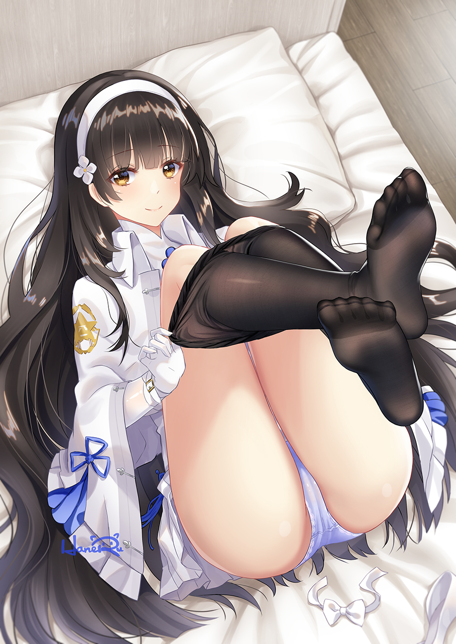 1girl artist_name ass bangs black_hair black_legwear blunt_bangs closed_mouth commentary_request dress eyebrows_visible_through_hair feet flower girls_frontline gloves hair_flower hair_ornament hairband haneru head_on_pillow highres indoors legs_crossed legs_up long_hair looking_at_viewer lying on_back on_bed panties pantyhose pantyhose_pull pillow pulled_by_self qbz-95_(girls_frontline) shiny shiny_hair smile soles solo underwear very_long_hair white_coat white_dress white_gloves white_hairband white_panties white_pillow wooden_floor yellow_eyes