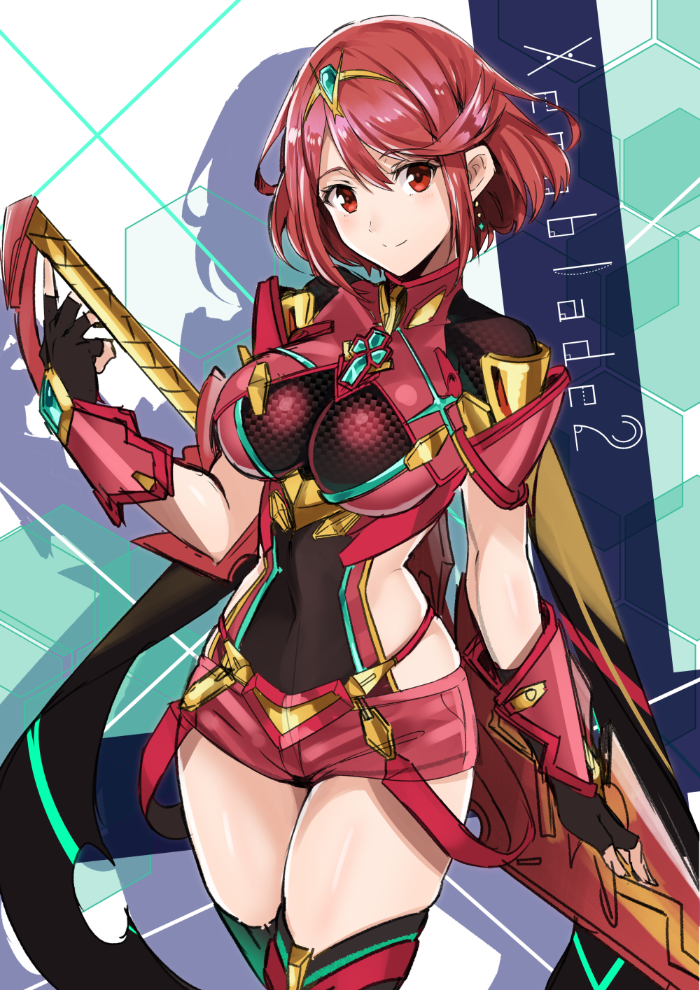 1girl bangs black_gloves black_legwear blush breasts closed_mouth copyright_name covered_navel cowboy_shot earrings eyebrows_visible_through_hair fingerless_gloves gem gloves head_tilt highres holding holding_sword holding_weapon pyra_(xenoblade) impossible_clothes jewelry large_breasts looking_at_viewer looking_back midriff red_shorts redhead shimo_(s_kaminaka) shiny shiny_hair short_hair short_shorts shorts shoulder_armor sidelocks skin_tight skindentation smile solo swept_bangs sword thigh-highs tiara weapon wrist_guards xenoblade_(series) xenoblade_2