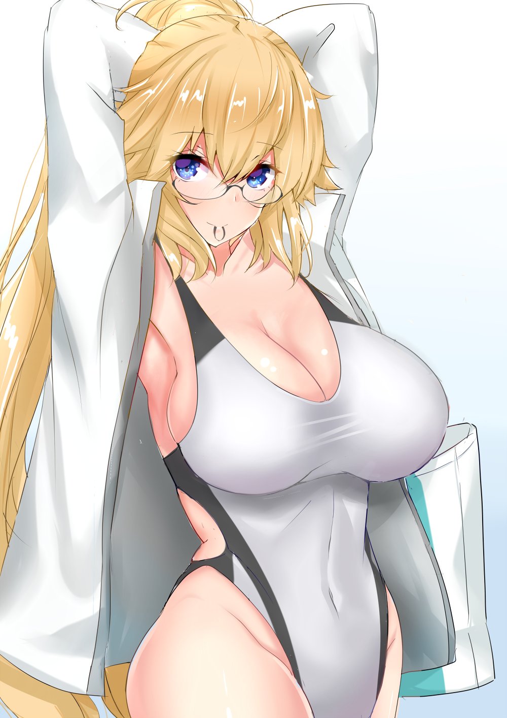 1girl armpits arms_up bag blonde_hair blue_eyes breasts competition_swimsuit covered_navel cowboy_shot fate/apocrypha fate/grand_order fate_(series) highleg highleg_swimsuit highres jacket jeanne_d'arc_(fate) jeanne_d'arc_(fate)_(all) large_breasts long_hair looking_at_viewer mouth_hold one-piece_swimsuit ponytail rubber_band sankakusui simple_background solo swimsuit white_background white_jacket white_swimsuit