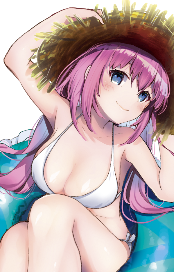 1girl arms_up bangs bikini blue_eyes blush breasts cleavage closed_mouth commentary_request frilled_innertube hands_on_headwear hat head_tilt ichinose_honami_(youjitsu) innertube large_breasts long_hair looking_at_viewer pink_hair shiny shiny_skin side-tie_bikini side-tie_bottom simple_background sitting smile solo straw_hat swimsuit white_background white_bikini youkoso_jitsuryoku_shijou_shugi_no_kyoushitsu_e yu_yu