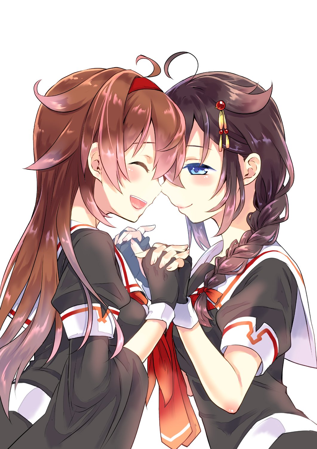 2girls ahoge aikawa_ruru black_hair black_serafuku blue_eyes braid brown_hair closed_eyes cover cover_page doujin_cover fingerless_gloves floral_background from_side gloves hair_flaps hair_over_shoulder hair_ribbon hairband hand_holding highres interlocked_fingers kantai_collection long_hair multiple_girls neckerchief open_mouth partly_fingerless_gloves pleated_skirt red_hairband red_neckwear remodel_(kantai_collection) ribbon school_uniform serafuku shigure_(kantai_collection) shiratsuyu_(kantai_collection) single_braid skirt smile upper_body white_background