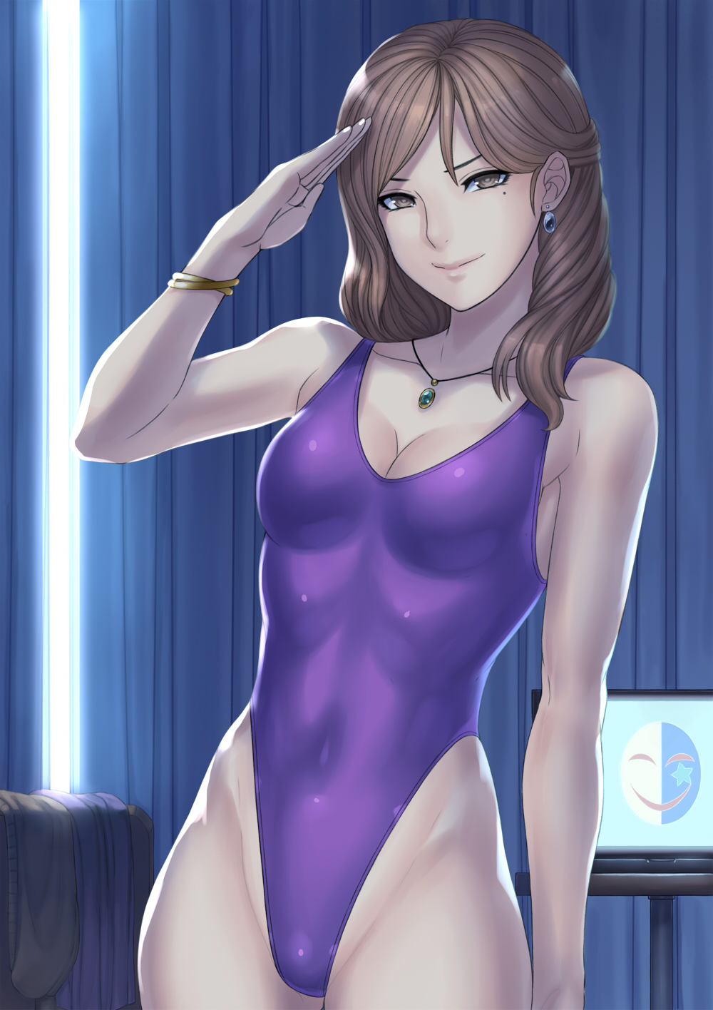 1girl bracelet breasts brown_eyes brown_hair character_request cleavage computer copyright_request curtains hai_(h81908190) hair_over_shoulder highleg highleg_leotard highleg_swimsuit highres jewelry laptop leotard looking_at_viewer mask medium_breasts mole mole_under_eye necklace purple_leotard purple_swimsuit salute solo swimsuit