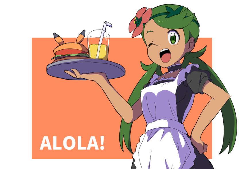 1girl ;d apron bangs bendy_straw black_dress blush breasts creatures_(company) cup dress drink drinking_glass drinking_straw flower food game_freak green_eyes green_hair hair_flower hair_ornament hamburger hand_on_hip holding holding_tray long_hair looking_at_viewer low_twintails maid_apron mallow_(pokemon) natsunagi_takaki nintendo one_eye_closed open_mouth pink_flower pokemon pokemon_(game) pokemon_sm puffy_short_sleeves puffy_sleeves short_sleeves small_breasts smile solo swept_bangs tray twintails upper_teeth very_long_hair waitress white_apron