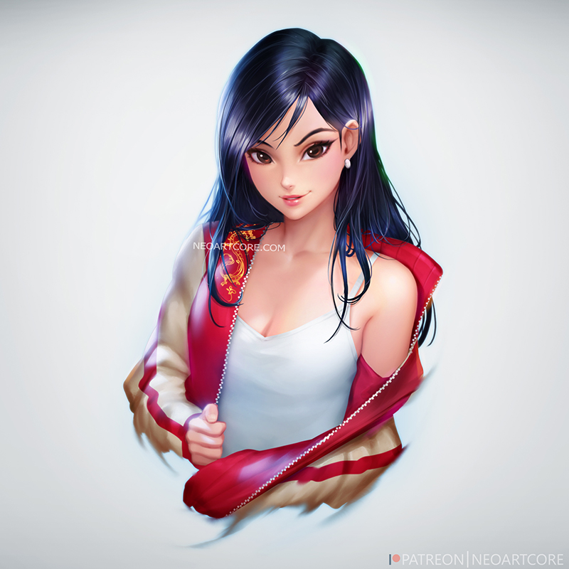 1girl black_hair breasts brown_eyes disney earrings fa_mulan_(disney) grey_background jacket jewelry lips long_hair looking_at_viewer mulan nudtawut_thongmai signature simple_background solo tank_top unzipped upper_body