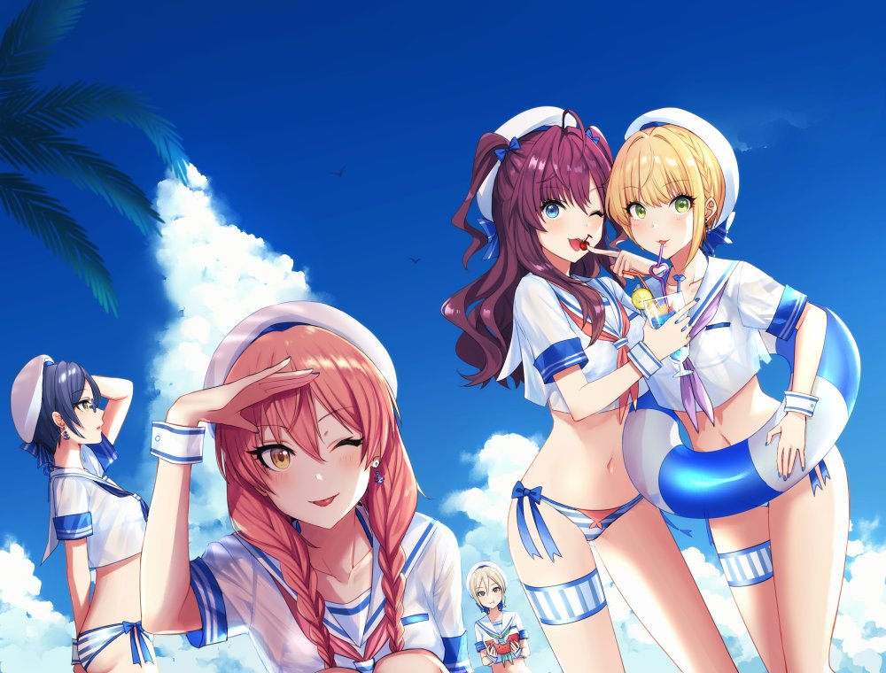 5girls ahoge bangs beret black_eyes blonde_hair blue_bikini_bottom blue_eyes blue_hair blue_sky blush braid breasts brown_hair cherry cropped_shirt cup drink drinking_glass drinking_straw earrings eating eyelashes food fruit green_eyes grey_hair haikimono_shounen hair_between_eyes hat hayami_kanade hips ichinose_shiki idolmaster idolmaster_cinderella_girls innertube jewelry jougasaki_mika legband lipps_(idolmaster) long_hair looking_at_viewer medium_breasts miyamoto_frederica multiple_girls navel neckerchief palm_tree parted_bangs pink_hair sailor_collar shiomi_shuuko shirt short_hair sky smile squatting striped_bikini_bottom thighs tongue tongue_out tree twin_braids two_side_up waist watermelon wavy_hair white_shirt wrist_cuffs yellow_eyes