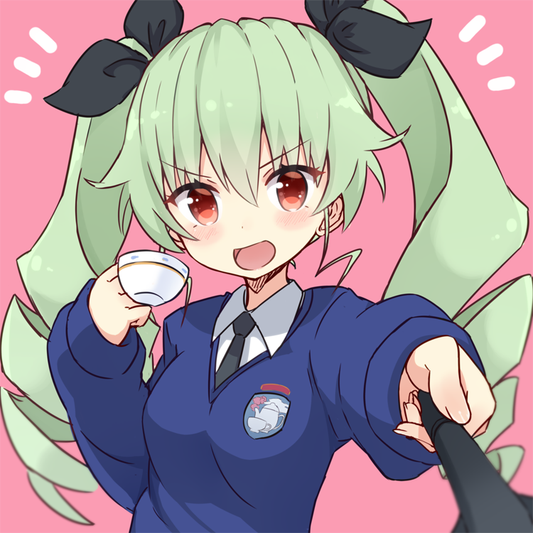 1girl :d anchovy bangs black_neckwear black_ribbon blue_sweater blurry blurry_foreground commentary cup depth_of_field dress_shirt drill_hair emblem foreshortening girls_und_panzer green_hair hair_ribbon holding holding_cup long_hair long_sleeves looking_at_viewer necktie notice_lines open_mouth pink_background red_eyes ribbon riding_crop school_uniform shirt shuuichi_(gothics) simple_background smile solo st._gloriana's_(emblem) st._gloriana's_school_uniform standing sweater teacup twin_drills twintails upper_body v-neck v-shaped_eyebrows white_shirt wing_collar