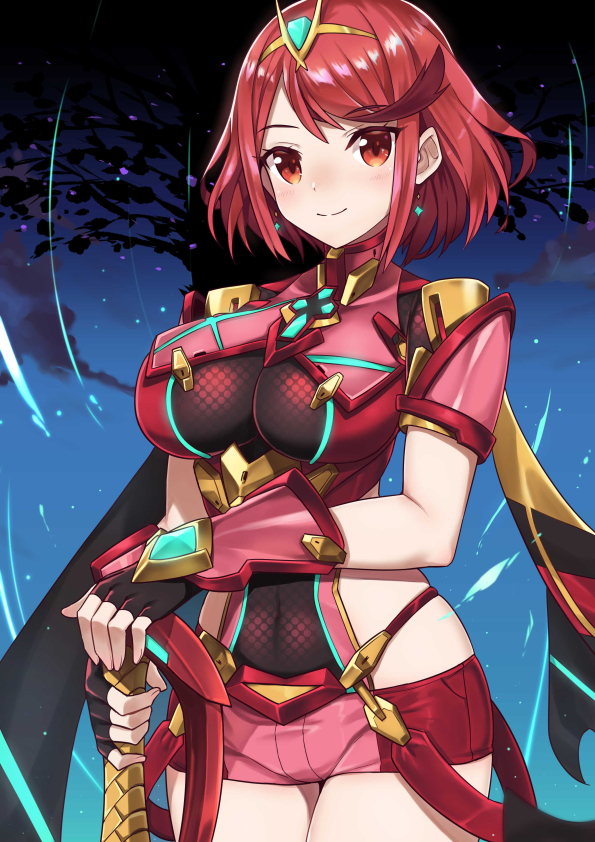 1girl bangs black_gloves blush breasts closed_mouth commentary_request earrings eyebrows_visible_through_hair fingerless_gloves fingernails gloves hand_on_hilt headpiece pyra_(xenoblade) jewelry large_breasts lo_xueming looking_at_viewer night night_sky outdoors pink_shorts red_eyes redhead short_hair short_shorts shorts shoulder_armor sky smile solo standing star_(sky) starry_sky sword tree vambraces weapon xenoblade_(series) xenoblade_2