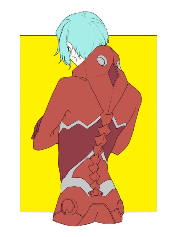 0_gella 1boy back bodysuit cropped_legs crossed_arms darling_in_the_franxx from_behind male_focus nine_beta outside_border pilot_suit simple_background solo yellow_background