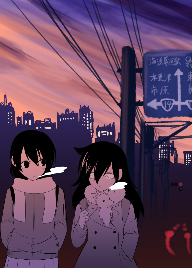 2girls :d bags_under_eyes breath city coat commentary_request dusk fur_scarf hand_in_pocket hands_in_pockets kuroki_tomoko multiple_girls open_mouth power_lines road_sign satou_yuuki sideways_glance sign skirt smile tamura_yuri telephone_pole traffic_light triangle_mouth watashi_ga_motenai_no_wa_dou_kangaetemo_omaera_ga_warui!