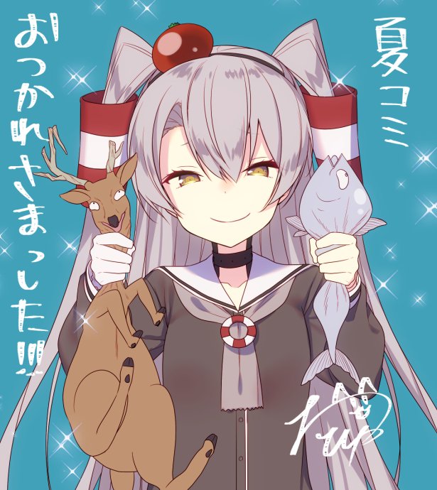 1girl amatsukaze_(kantai_collection) antlers blue_background brown_dress brown_eyes choker dress fish hair_tubes hat kantai_collection lifebuoy long_hair looking_at_viewer mini_hat reindeer sailor_dress signature silver_hair simple_background smile sparkle strangling tahya translated two_side_up upper_body windsock