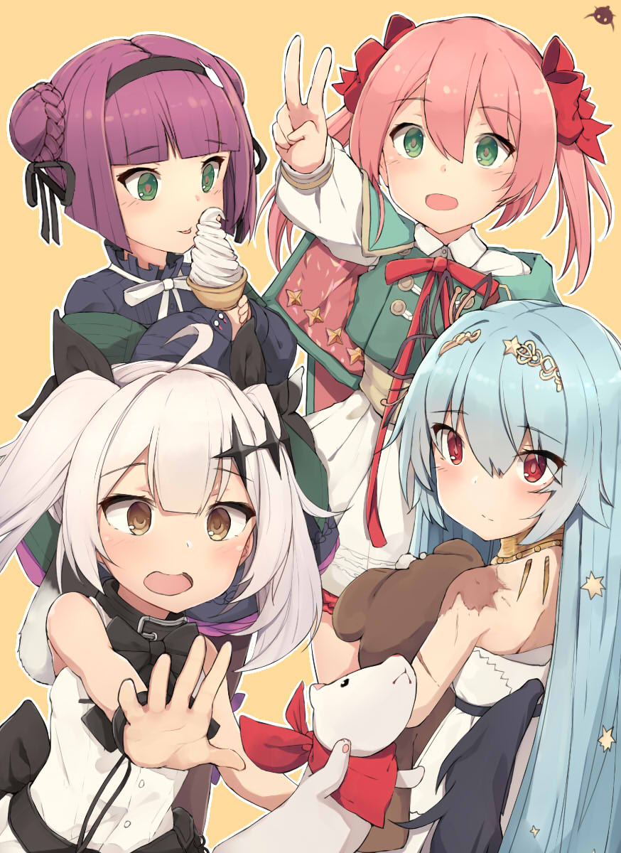 4girls ahokoo blue_hair dress five-seven_(girls_frontline) food girls_frontline green_eyes hair_ornament hair_ribbon headband highres ice_cream multiple_girls open_mouth pink_hair redhead ribbon scar silver_hair simple_background stuffed_animal stuffed_toy thunder_(girls_frontline) twintails v younger