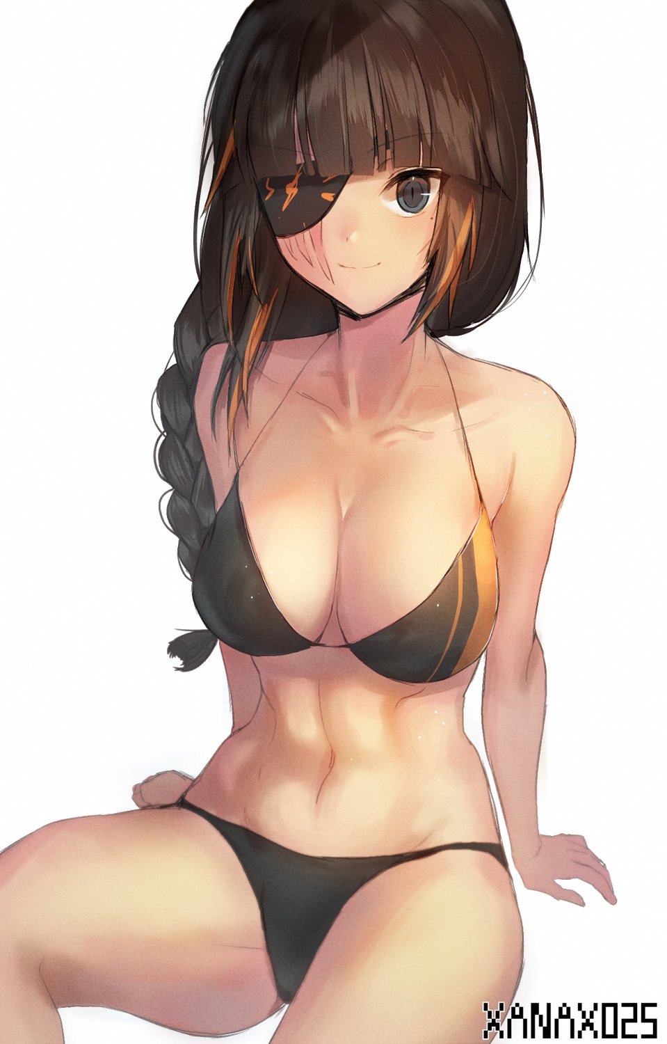 1girl alternate_costume arm_support artist_name bangs bikini blonde_hair braid breasts brown_hair cleavage closed_mouth collarbone commentary eyebrows_visible_through_hair eyepatch girls_frontline highres large_breasts long_hair looking_at_viewer m16a1_(girls_frontline) mole mole_under_eye multicolored_hair navel scar scar_across_eye sidelocks simple_background single_braid sitting smile solo stomach streaked_hair swimsuit white_background xanax025