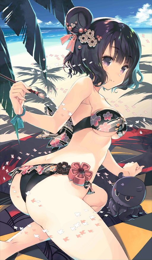 1girl ass beach beach_towel bikini black_bikini black_hair breasts commentary_request fate/grand_order fate_(series) floral_print flower hair_bun hair_flower hair_ornament hair_ribbon katsushika_hokusai_(fate/grand_order) medium_breasts mitsumi_misato ocean octopus paintbrush palm_tree purple_eye ribbon shikigami short_hair strapless strapless_bikini swimsuit towel tree under_boob wrist_ribbon