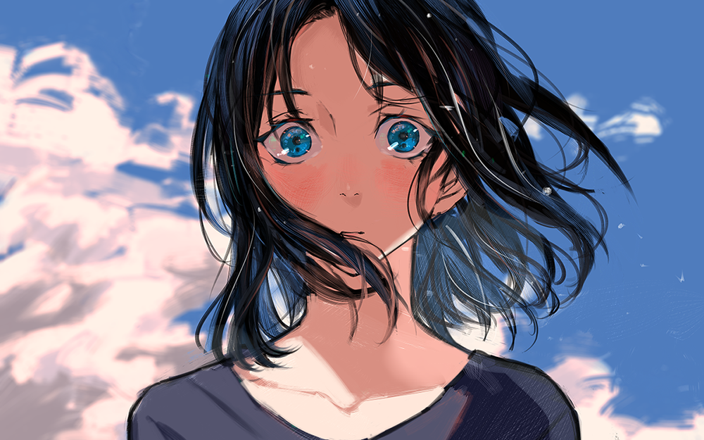 1girl azarea black_hair black_shirt blue_eyes close-up clouds cloudy_sky day expressionless face floating_hair looking_at_viewer original outdoors shirt short_hair sky solo_focus upper_body wind wind_lift