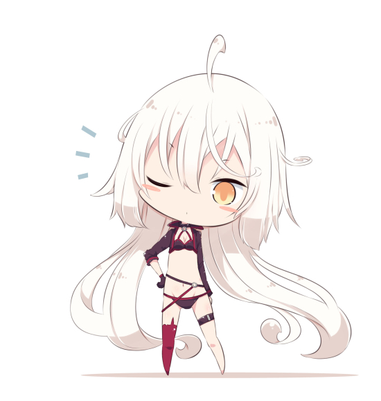 1girl absurdly_long_hair ahoge asymmetrical_legwear bangs barefoot beni_shake bikini black_bikini black_gloves black_jacket chibi closed_mouth commentary_request eyebrows_visible_through_hair fate/grand_order fate_(series) full_body gloves hair_between_eyes hand_on_hip head_tilt jacket jeanne_d'arc_(alter_swimsuit_berserker) jeanne_d'arc_(fate)_(all) long_hair long_sleeves looking_at_viewer no_shoes notice_lines o-ring one_eye_closed orange_eyes red_legwear silver_hair single_thighhigh solo standing swimsuit thigh-highs very_long_hair white_background