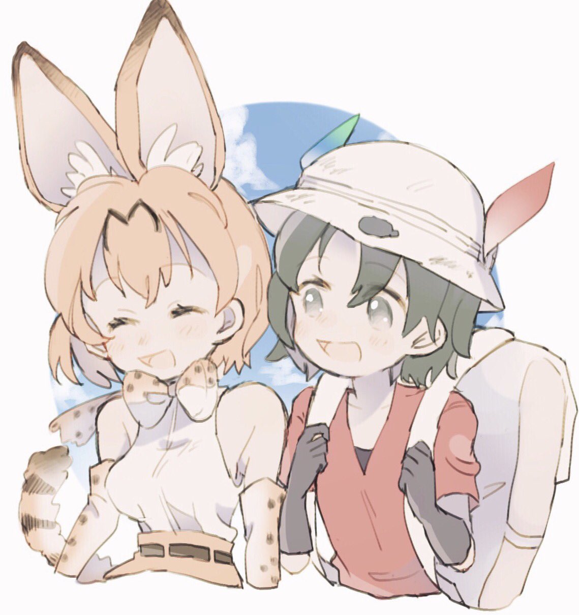 2girls animal_ear_fluff animal_ears backpack bag bare_shoulders belt black_hair blonde_hair blush bucket_hat closed_eyes elbow_gloves eyebrows_visible_through_hair feathers gloves hat high-waist_skirt highres holding_strap kaban_(kemono_friends) kemono_friends laughing looking_at_another multicolored_hair multiple_girls serval_(kemono_friends) serval_ears serval_print serval_tail shirt short_hair short_sleeves skirt sleeveless t-shirt tail waterliryppp