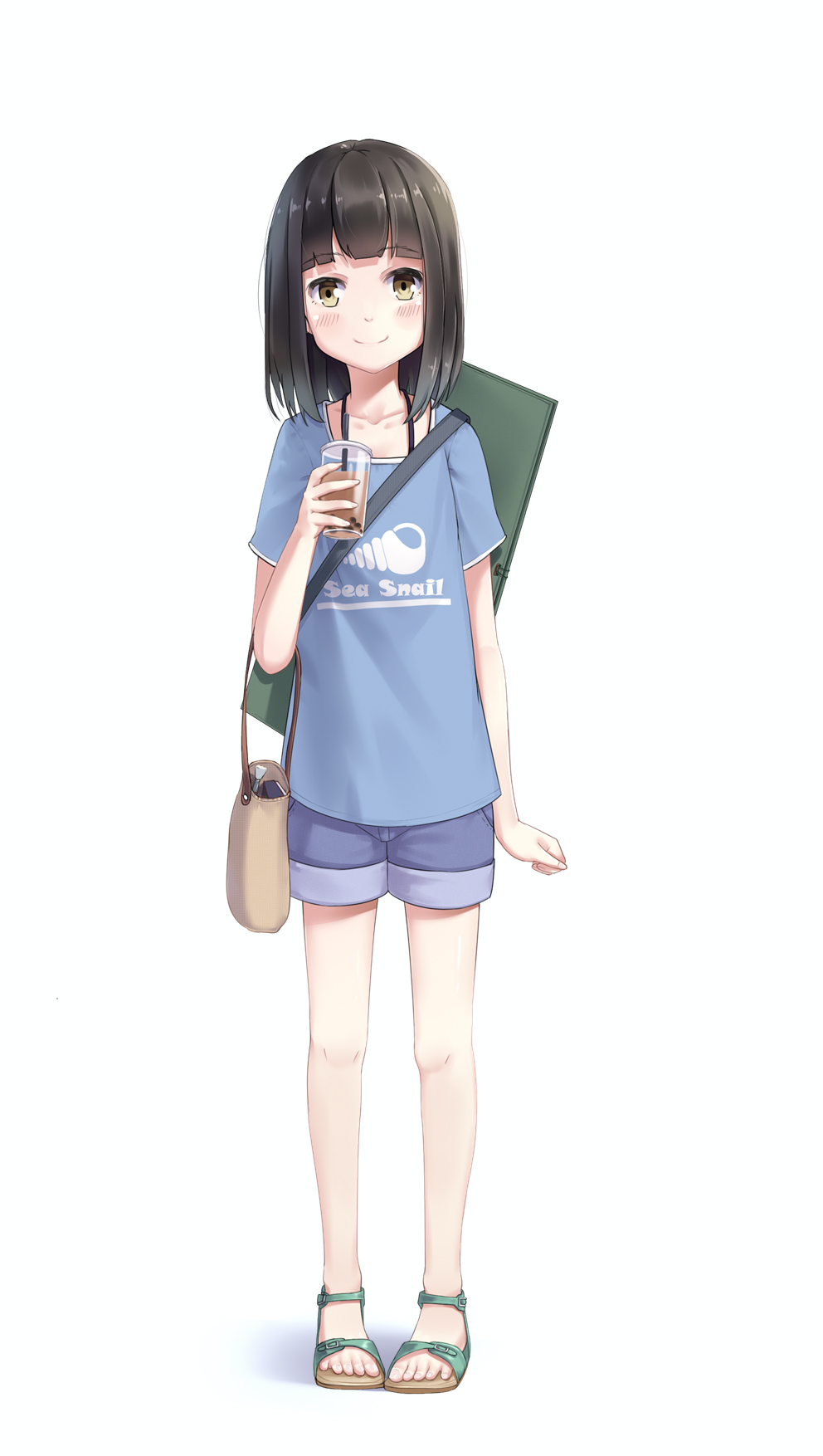 1girl arm_at_side bag black_hair blue_shirt blue_shorts blush brown_eyes child cup drink drinking_straw flat_chest full_body handbag highres holding holding_cup jewelry looking_at_viewer medium_hair necklace original sandals shirt short_shorts shorts simple_background smile solo standing t-shirt too-ye
