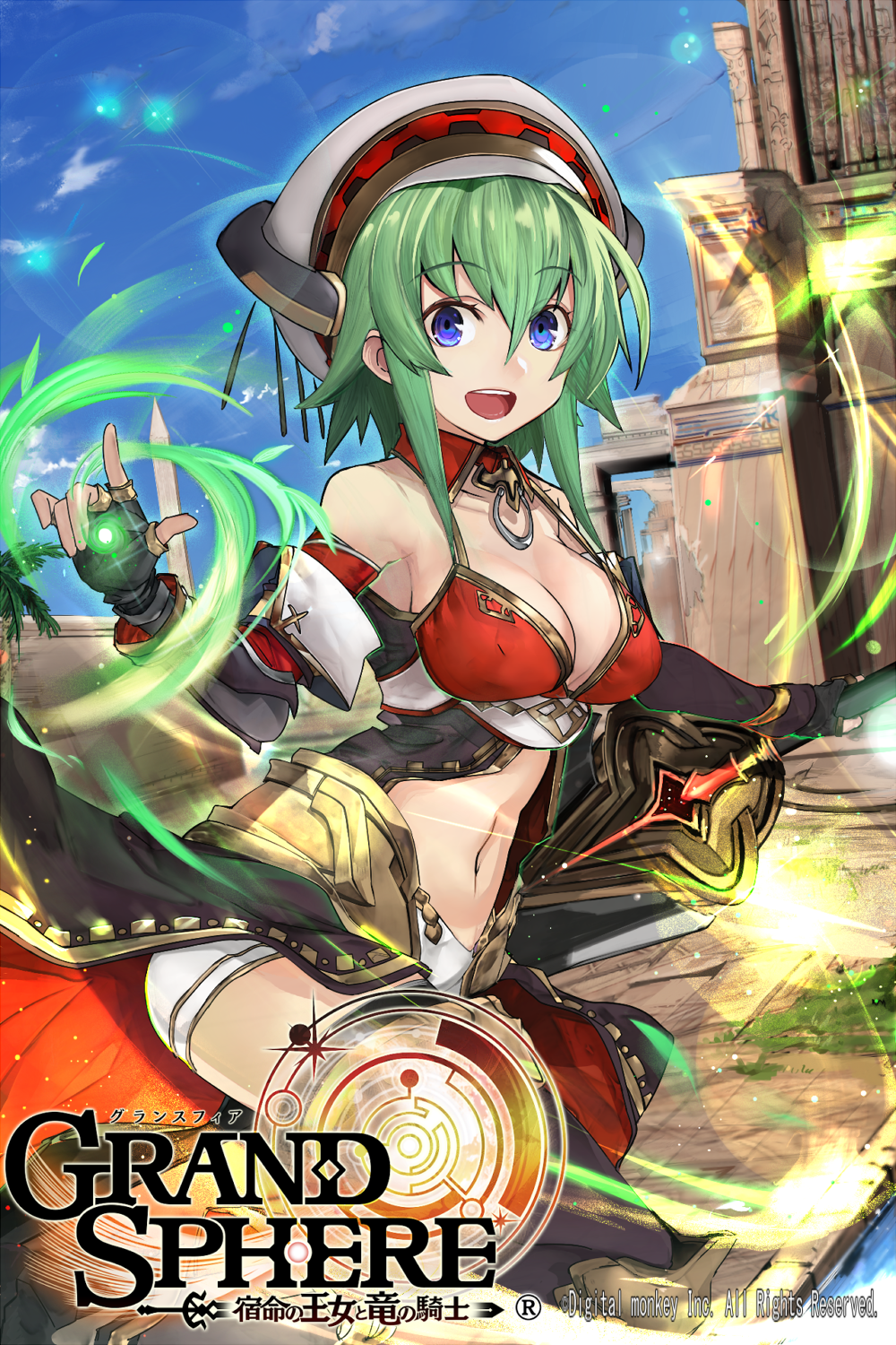 1girl :d bare_shoulders blue_eyes blue_sky breasts copyright_name detached_sleeves fingerless_gloves gloves grand_sphere green_hair hair_between_eyes hat highres holding holding_weapon long_hair looking_at_viewer medium_breasts midriff navel official_art open_mouth outdoors samuraig sidelocks sky smile thigh-highs watermark weapon white_hat