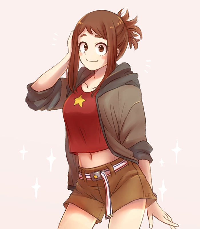 1girl alternate_costume belt blush_stickers boku_no_hero_academia brown_eyes brown_hair casual cowboy_shot hand_in_hair jacket midriff navel red_shirt shirt shorts sidelocks sleeves_rolled_up smile solo sparkle star tied_hair uraraka_ochako