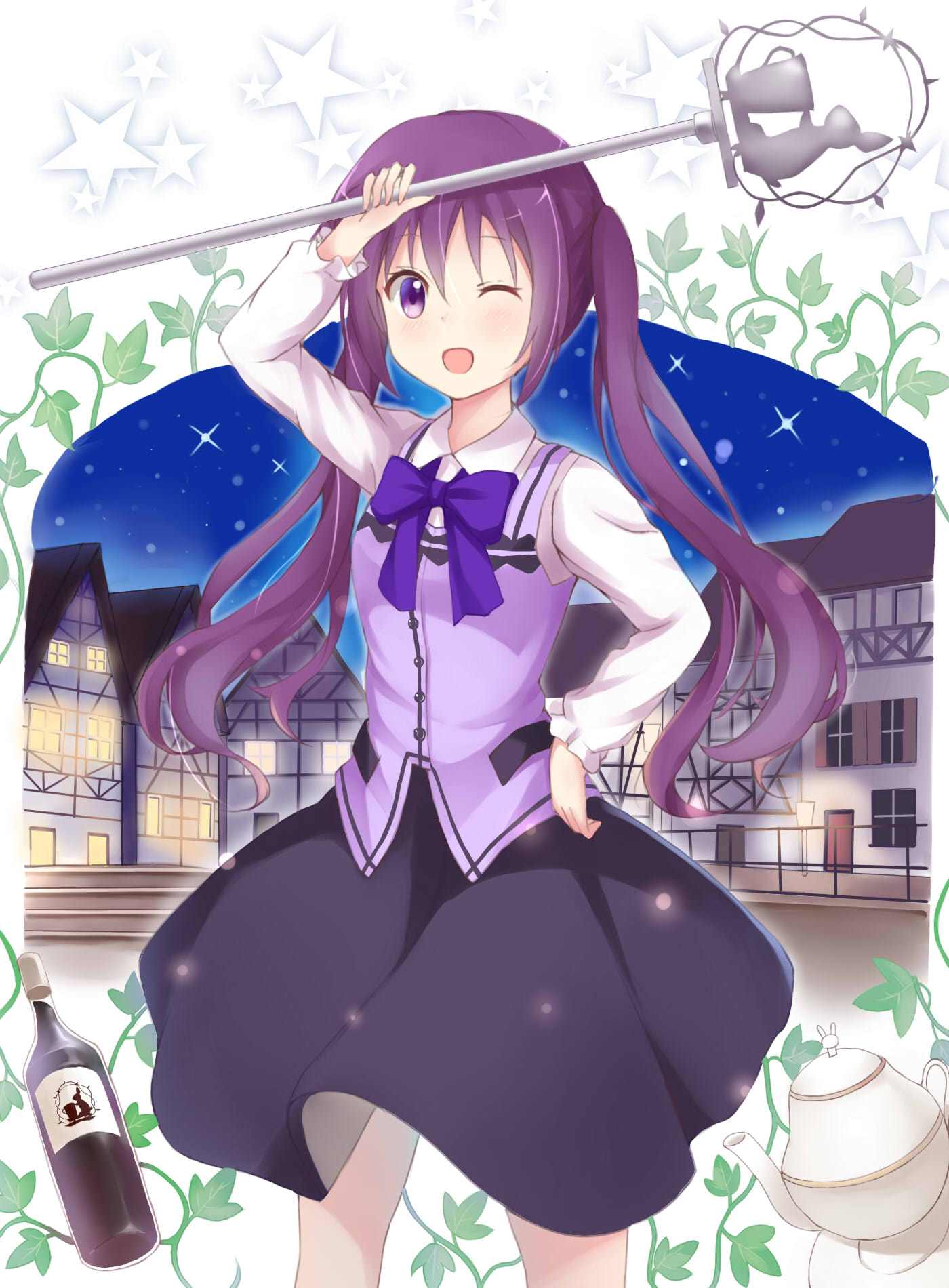 1girl ;d backdrop black_skirt bottle bow bowtie collared_shirt commentary cowboy_shot gochuumon_wa_usagi_desu_ka? hand_on_forehead hand_on_hip highres holding long_sleeves one_eye_closed open_mouth plant purple_bow purple_hair purple_neckwear purple_vest rabbit_house_uniform shirt skirt sky smile solo star star_(sky) starry_sky stick_jitb teapot tedeza_rize twintails vest vines violet_eyes waitress white_background white_shirt wine_bottle