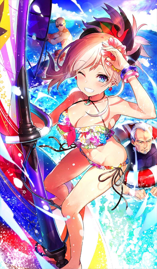 1girl 2boys bald beard bikini blue_eyes blush bracelet breasts cleavage collarbone commentary_request craft_essence day facial_hair fate/grand_order fate_(series) flower grey_hair grin hair_flower hair_ornament high_ponytail houzouin_inshun_(fate/grand_order) innertube jewelry magatama_necklace mika_pikazo miyamoto_musashi_(fate/grand_order) multicolored multicolored_bikini multicolored_clothes multiple_boys navel ocean official_art one_eye_closed outdoors pink_hair red_earrings red_flower side-tie_bikini smile standing storms_and_waves sunglasses surfboard surfing swimsuit windsurfing yagyuu_munenori_(fate/grand_order)