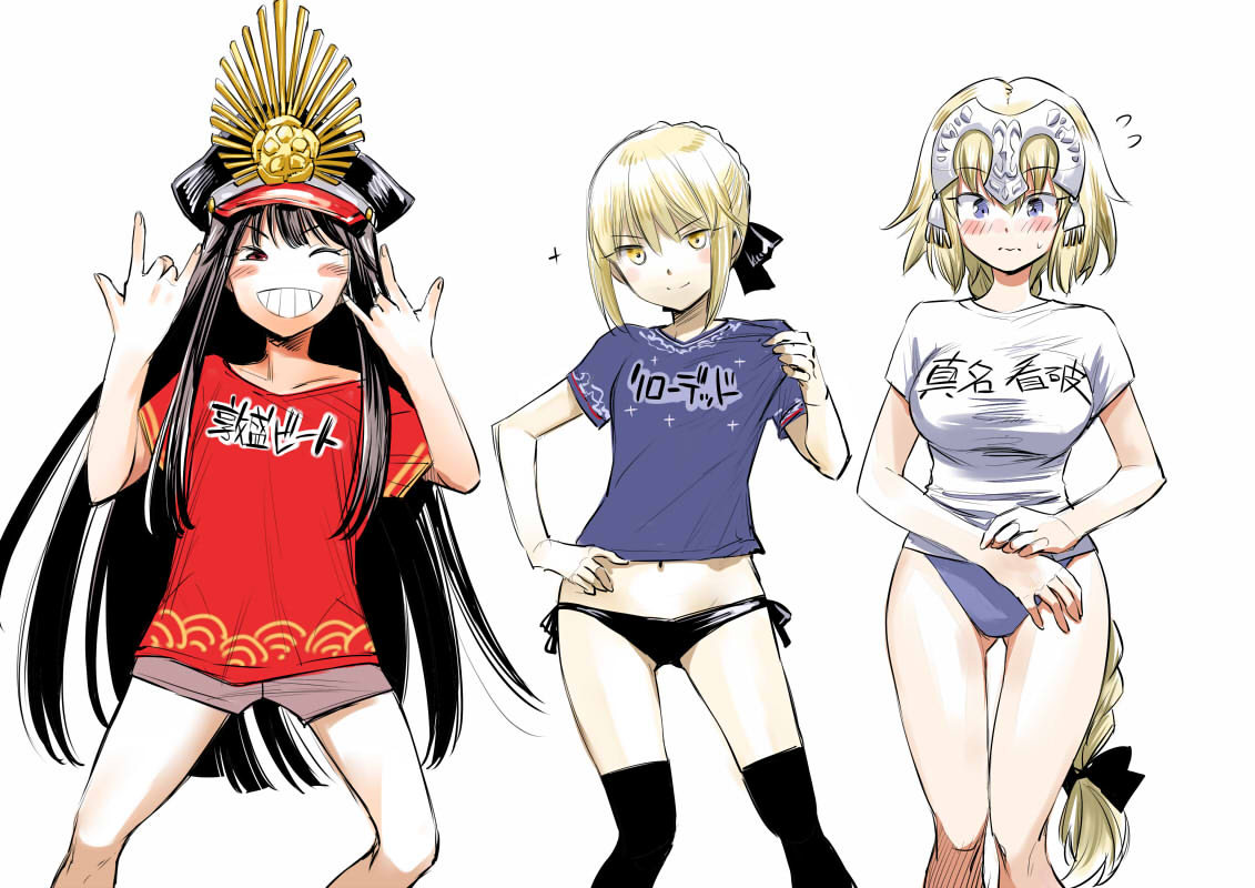 3girls \n/ artoria_pendragon_(all) bikini_bottom black_bikini_bottom black_hair black_legwear black_ribbon blonde_hair blue_eyes blue_shirt blue_swimsuit blush braid brown_shorts clothes_writing commentary_request double_\n/ eyebrows_visible_through_hair fate/grand_order fate_(series) grin hair_ribbon hand_on_hip hat headpiece jeanne_d'arc_(fate) jeanne_d'arc_(fate)_(all) kurose_kousuke long_hair looking_at_viewer midriff multiple_girls navel no_pants oda_nobunaga_(fate) one_eye_closed peaked_cap red_eyes red_shirt ribbon saber_alter shirt short_hair short_shorts short_sleeves shorts side-tie_bikini_bottom single_braid smile smug sparkle sweatdrop swimsuit swimsuit_under_clothes t-shirt thigh-highs thigh_gap tied_hair translated very_long_hair wavy_mouth white_shirt yellow_eyes