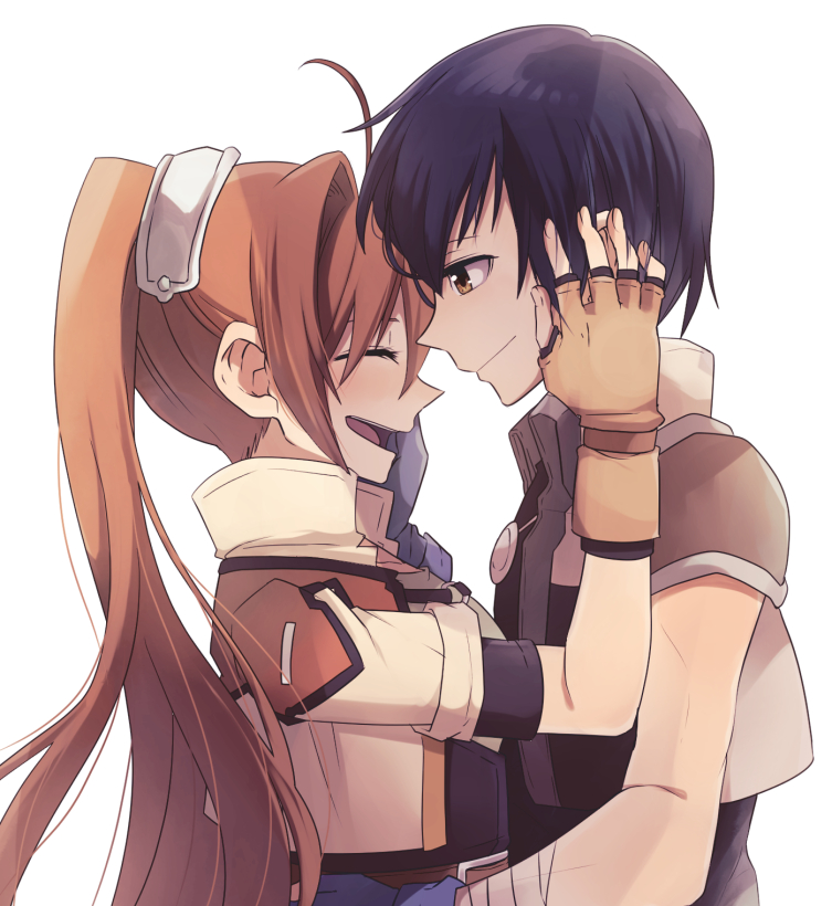 1boy 1girl ahoge black_hair brown_eyes brown_hair closed_eyes couple eiyuu_densetsu estelle_bright face-to-face fingerless_gloves gloves hand_on_another's_face hetero jacket jewelry joshua_astray leather leather_gloves long_hair open_mouth pendant profile shirt short_hair shoulder_armor smile sora_no_kiseki tekutonbo twintails upper_body