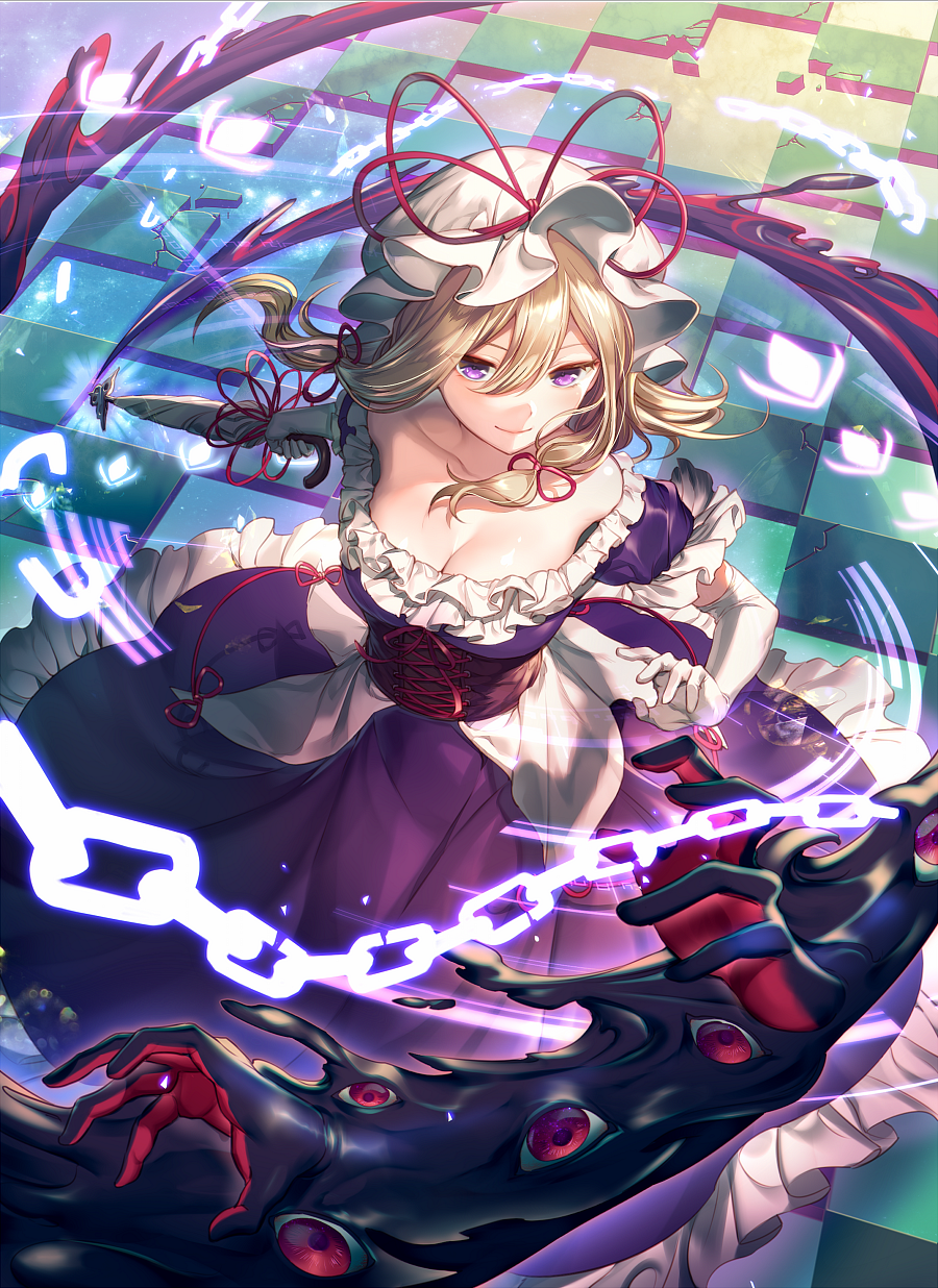 1girl bangs bare_shoulders blonde_hair breasts chains cleavage commentary_request corset dress elbow_gloves eyebrows_visible_through_hair frilled_dress frilled_sleeves frills from_above gap gloves hair_between_eyes hair_ribbon hat hat_ribbon highres holding holding_umbrella kikugetsu large_breasts long_hair looking_at_viewer mob_cap off-shoulder_dress off_shoulder petticoat puffy_short_sleeves puffy_sleeves purple_dress red_eyes red_ribbon ribbon shiny shiny_skin short_sleeves sidelocks smile solo touhou umbrella violet_eyes white_gloves white_hat white_umbrella yakumo_yukari