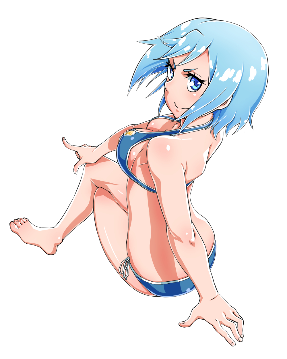 1girl arm_support bikini blue_bikini blue_eyes blue_hair breasts cleavage dutch_angle from_above hand_on_own_face highres invisible_chair legs_crossed looking_at_viewer mahou_shoujo_madoka_magica medium_breasts miki_sayaka sazanami_tarou short_hair shoulder_blades side-tie_bikini sideboob sitting smile solo swimsuit white_background