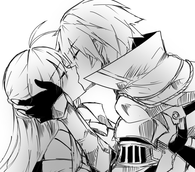 1boy 1girl aether_sage_(elsword) ahoge aisha_(elsword) blush cloak closed_eyes elsword elsword_(character) eyebrows_visible_through_hair holding_head kiss knight_emperor_(elsword) long_hair monochrome shoulder_armor soo_(vyve2555)