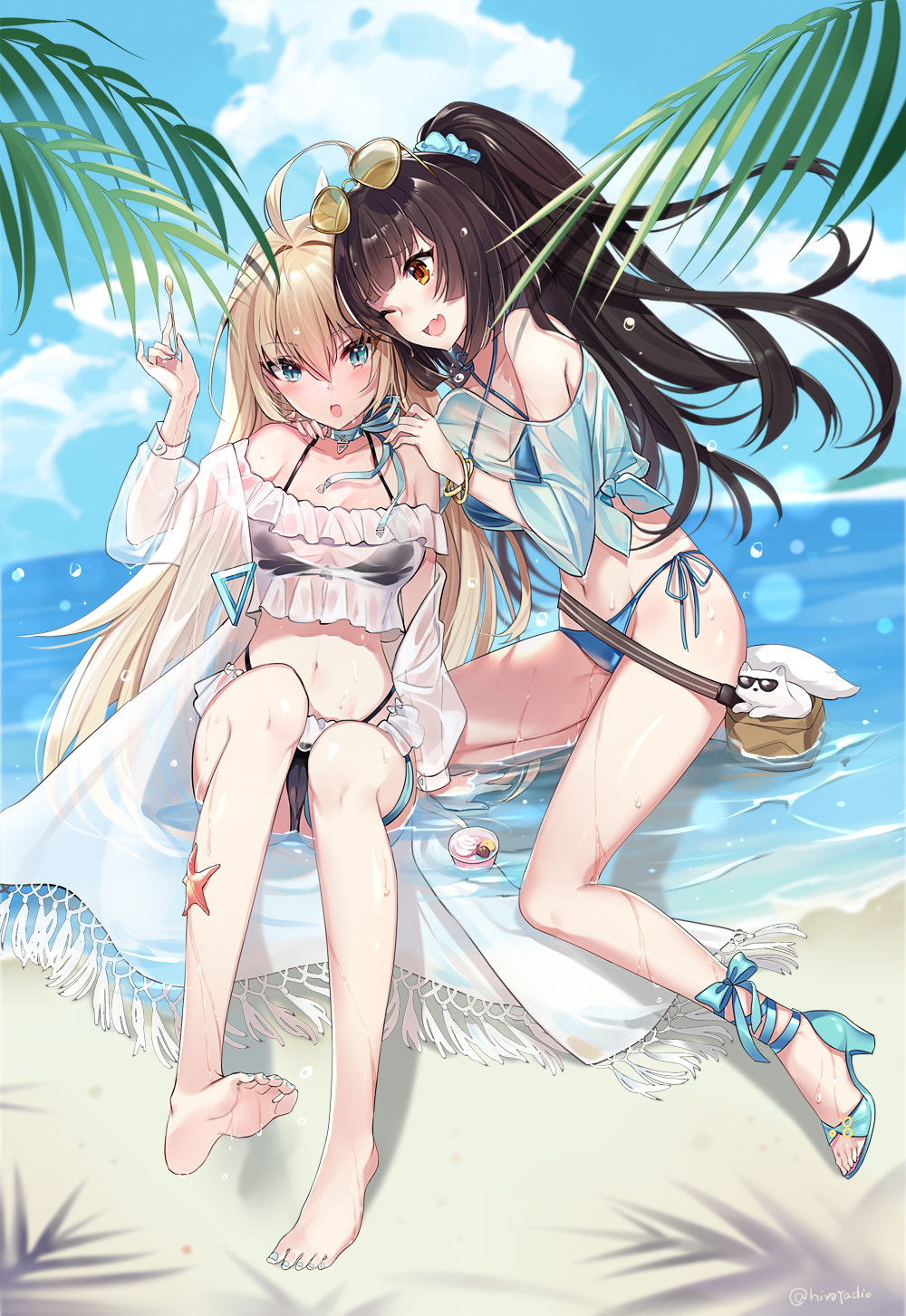2girls ahoge alternate_costume animal arm_support bangs barefoot beach bikini black_bikini black_hair blonde_hair blue_bikini blue_eyes blue_ribbon blue_scrunchie blue_shirt blue_sky blush breasts brown_eyes catsizuru cleavage clouds collarbone crop_top day eyebrows_visible_through_hair eyewear_on_head fang food groin hair_between_eyes hair_ornament hair_ribbon hair_scrunchie hand_up hands_on_another's_shoulders highres holding holding_spoon ice_cream iron_saga large_breasts long_hair looking_at_viewer multiple_girls navel neck_ribbon ocean one_eye_closed open_mouth outdoors palm_leaf partially_submerged ribbon sand sandals scrunchie see-through shirt side-tie_bikini sidelocks sitting sky smile snow_(iron_saga) spoon starfish stomach sunglasses swimsuit thigh_strap thighs tied_shirt twitter_username very_long_hair wet wet_clothes white_crop_top