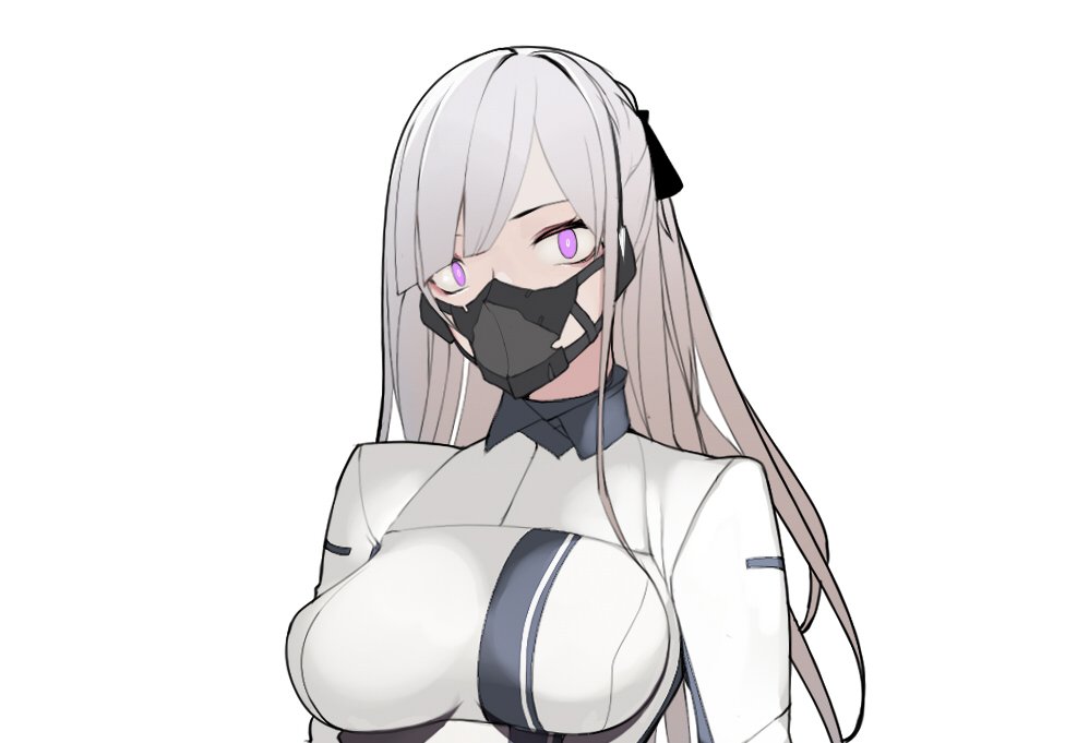 1girl ak-12_(girls_frontline) black_ribbon breasts dress girls_frontline hair_ribbon looking_at_viewer mask mmcallsu ribbon upper_body violet_eyes white_dress white_hair