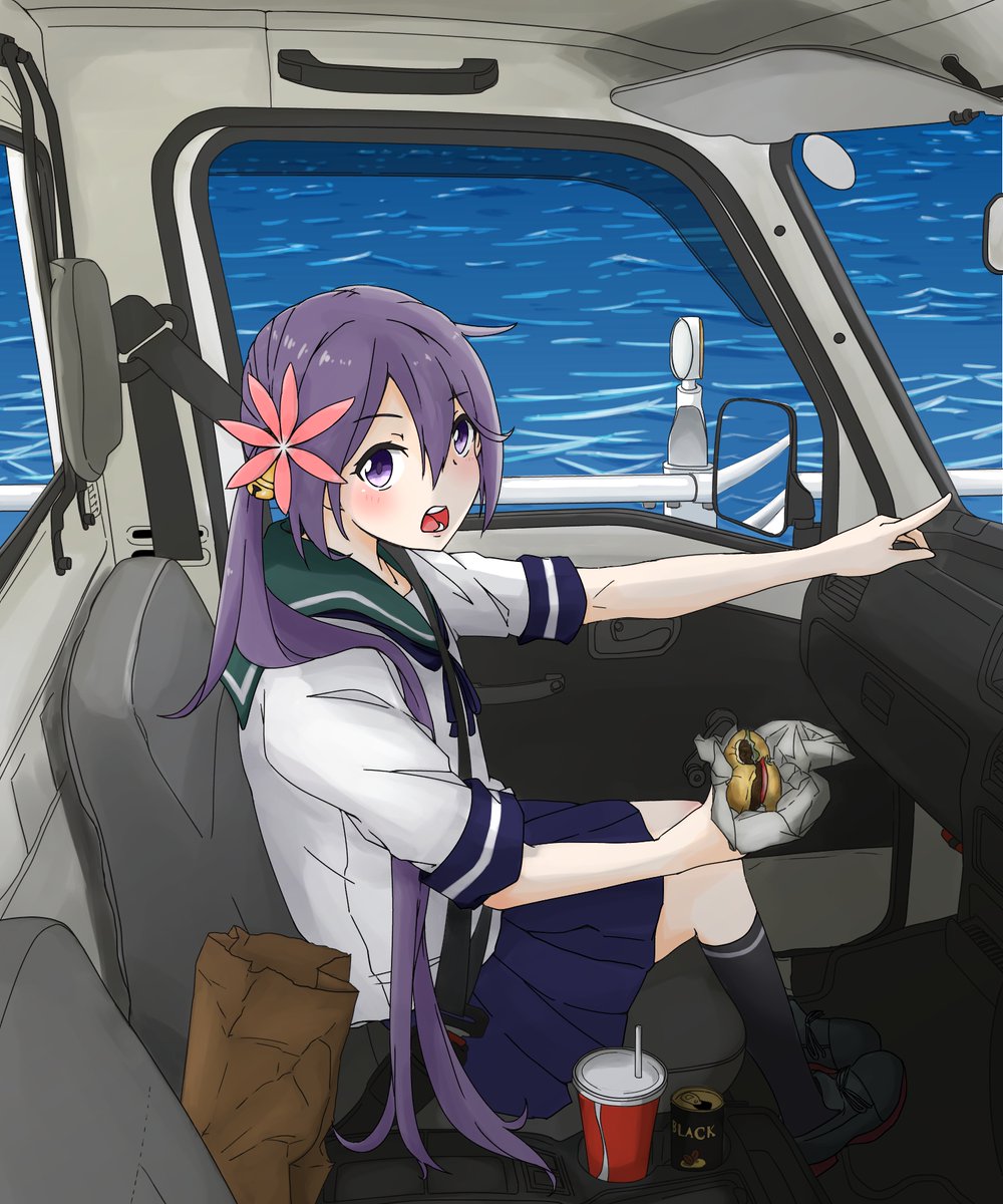 1girl akebono_(kantai_collection) black_legwear car car_interior coffee flower food ground_vehicle hair_flower hair_ornament hamburger highres kantai_collection long_hair looking_at_viewer motor_vehicle ocean pleated_skirt po0000000000 pointing purple_hair school_uniform sitting skirt socks violet_eyes