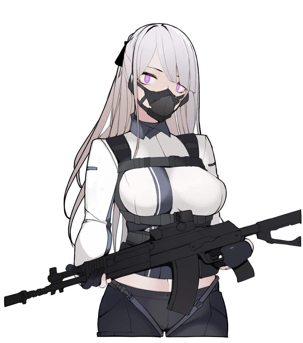 ak-12_(girls_frontline) black_gloves black_legwear black_ribbon girls_frontline gloves gun hair_ribbon looking_at_viewer mask mmcallsu ribbon rifle shirt strap thigh_strap violet_eyes weapon white_hair white_shirt