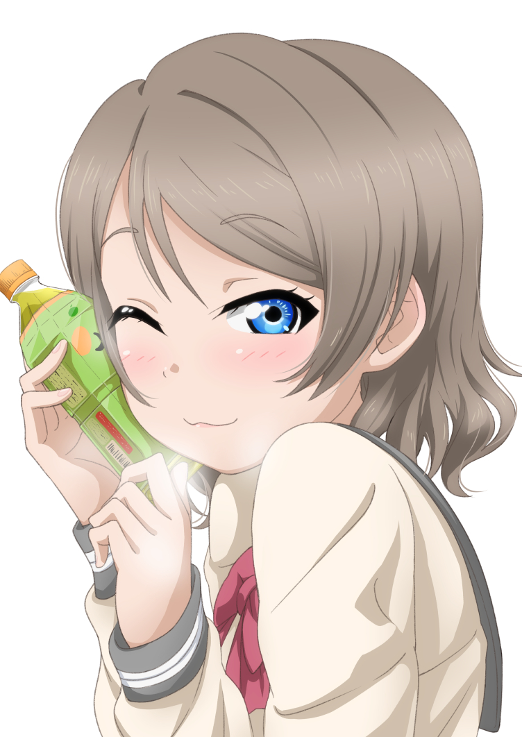 1girl ;3 blue_eyes blush eyebrows_visible_through_hair grey_hair looking_at_viewer love_live! love_live!_school_idol_project love_live!_sunshine!! one_eye_closed sazanami_tarou school_uniform serafuku short_hair soda_bottle solo upper_body watanabe_you white_background