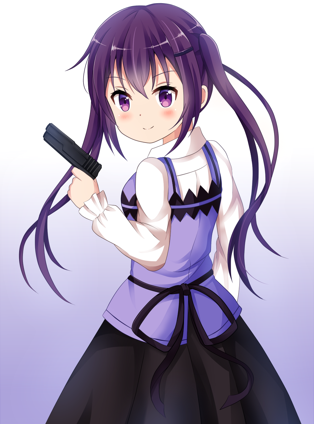 1girl black_ribbon black_skirt blush closed_mouth collared_shirt commentary_request gochuumon_wa_usagi_desu_ka? gradient gradient_background gun hair_ornament hairclip handgun highres holding holding_gun holding_weapon koyuki_(azumaya999) long_hair long_sleeves looking_at_viewer looking_to_the_side pistol pleated_skirt purple_background purple_hair purple_vest rabbit_house_uniform ribbon shirt skirt smile solo tedeza_rize twintails uniform very_long_hair vest violet_eyes waitress weapon weapon_request white_background white_shirt