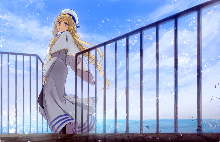 1girl 910_(kujyoo910) alicia_florence aria beret blonde_hair blue_eyes blue_sky braid capelet closed_mouth clouds dress from_below from_side hat long_sleeves single_braid sky smile solo white_dress white_hat