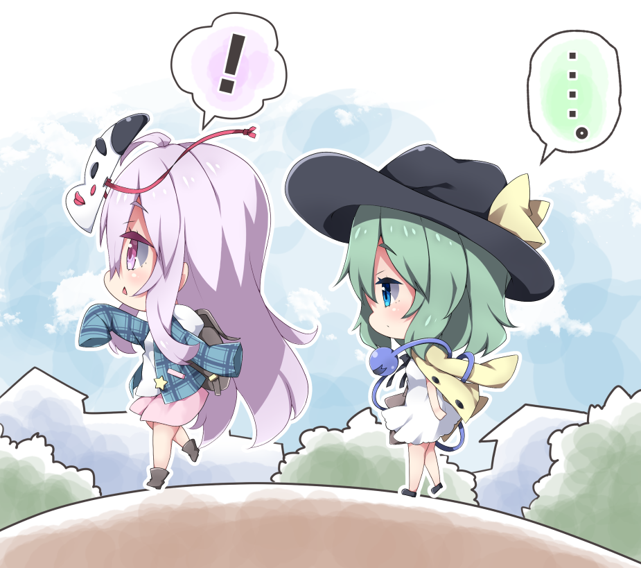 ! ... 2girls ahoge backpack bag bangs black_footwear black_hat blue_eyes blue_jacket blue_sky clouds commentary day dress eyebrows_visible_through_hair green_hair hair_between_eyes hat hata_no_kokoro jacket jacket_on_shoulders komeiji_koishi long_hair long_sleeves mask mask_on_head milkpanda multiple_girls open_clothes open_jacket outdoors pink_hair pink_skirt plaid_jacket profile shirt shoes skirt sky sleeves_past_fingers sleeves_past_wrists spoken_ellipsis spoken_exclamation_mark third_eye touhou very_long_hair violet_eyes walking white_dress white_shirt yellow_jacket