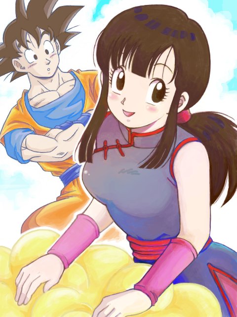 1boy 1girl :d :o bangs black_eyes black_hair blush chi-chi_(dragon_ball) china_dress chinese_clothes clouds cloudy_sky cowboy_shot crossed_arms dougi dragon_ball dragon_ball_(classic) dress eyelashes flying_nimbus happy looking_away masa_(p-piyo) open_mouth ponytail short_hair sky smile son_gokuu spiky_hair upper_body wristband