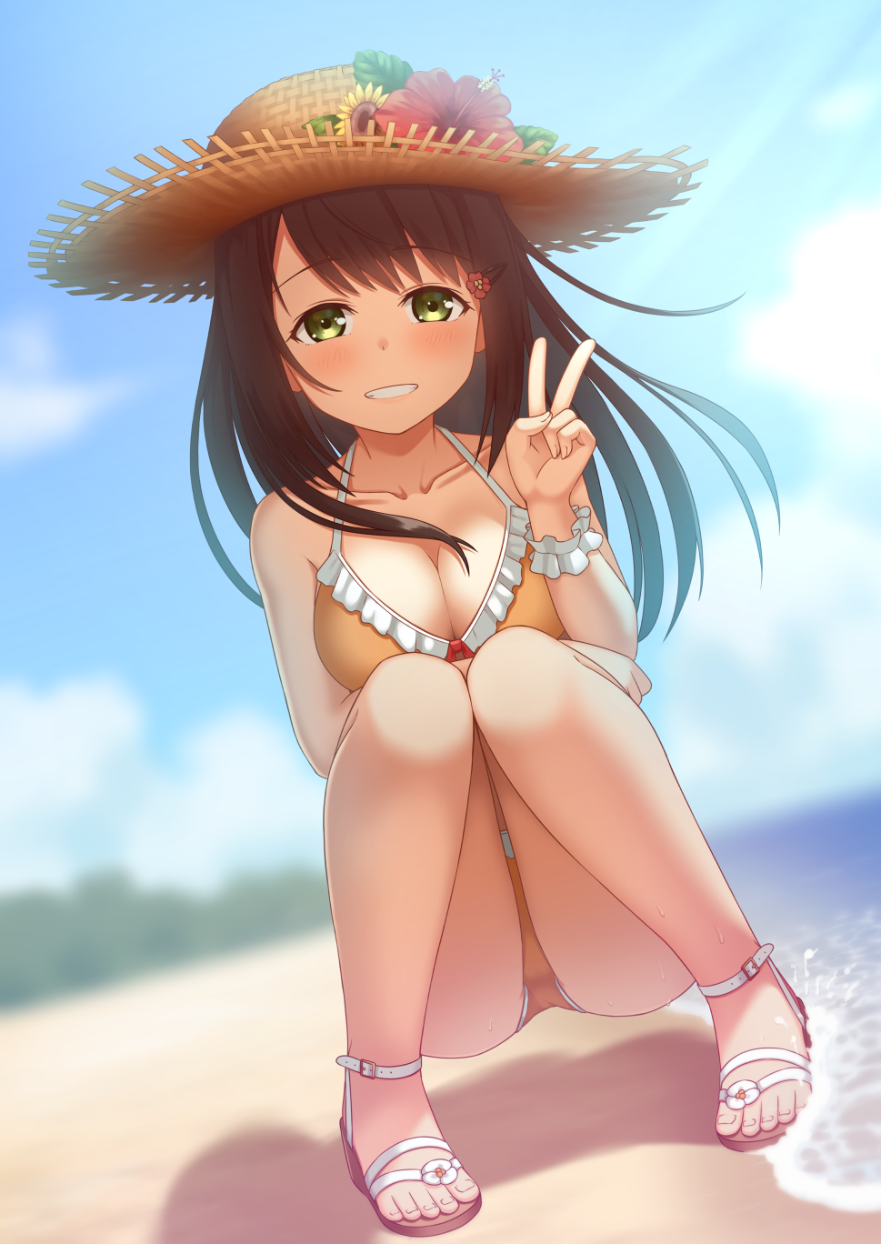 1girl :d bangs bare_legs bare_shoulders beach bikini blurry blurry_background blush breasts cleavage collarbone day depth_of_field dutch_angle eyebrows_visible_through_hair feet flower frilled_bikini_top frills full_body green_eyes grin hair_ornament hairclip hat hat_flower hibiscus highres knees_together_feet_apart kurisu-kun large_breasts long_hair looking_at_viewer ocean open_mouth orange_bikini original outdoors red_flower sandals smile solo straw_hat swimsuit toes v water white_footwear wrist_cuffs yellow_flower