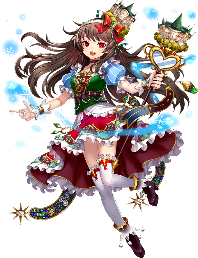 1girl :d alcazar_of_segovia_(oshiro_project) black_footwear brown_hair dress food frilled_dress frilled_skirt frills fruit full_body hair_ornament hair_ribbon holding holding_staff long_hair looking_at_viewer o-satomi official_art open_mouth oshiro_project oshiro_project_re red_eyes ribbon skirt smile solo staff transparent_background white_legwear