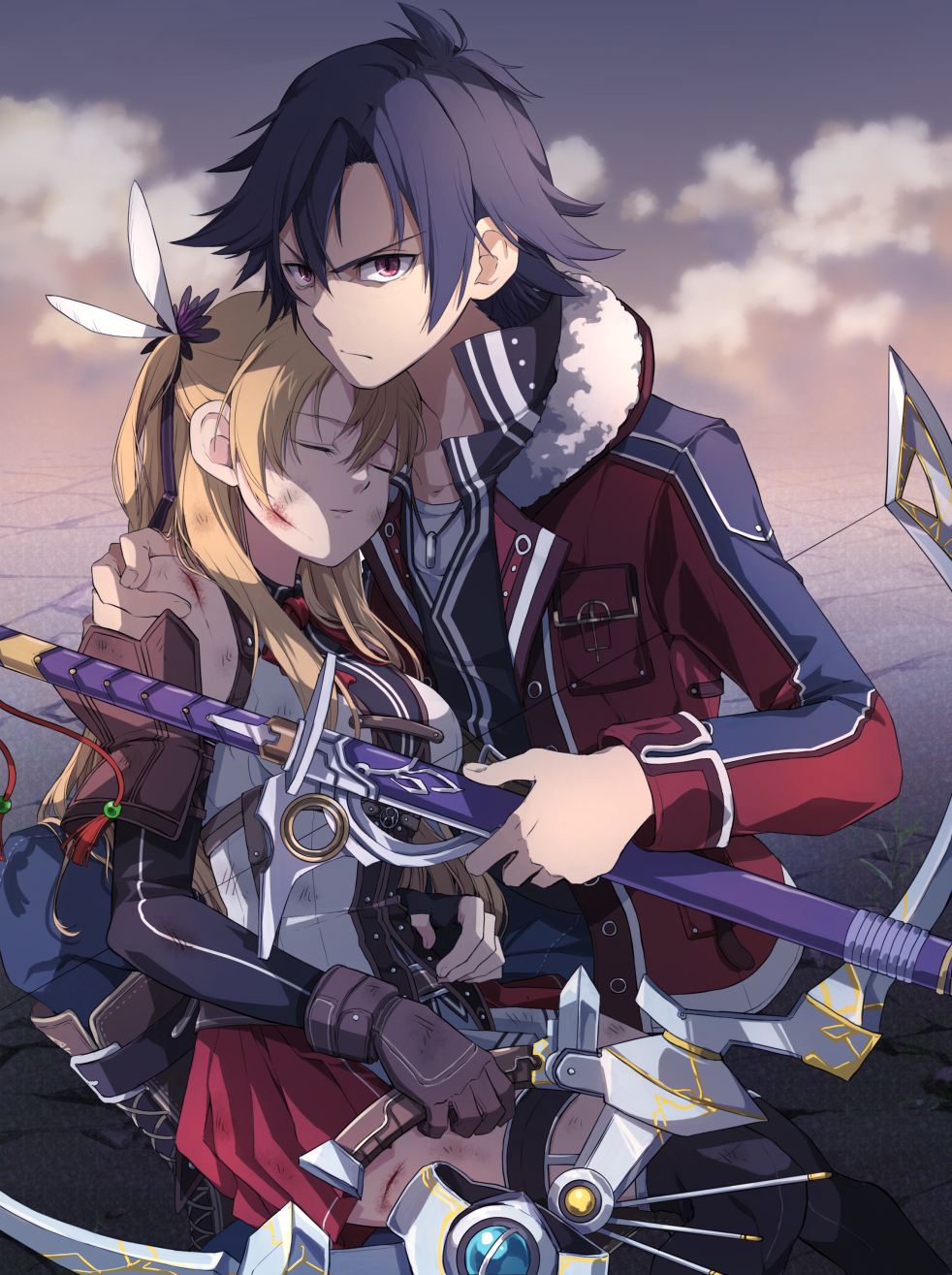 1boy 1girl alisa_reinford angry black_hair blonde_hair boots bow_(weapon) breasts closed_eyes cross-laced_footwear cuts dirty_clothes dirty_face eiyuu_densetsu feathers fur-trimmed_jacket fur_trim glaring gloves hair_feathers hair_ornament highres injury jacket kneeling leather leather_gloves long_hair long_sleeves looking_at_viewer medium_breasts miniskirt neck_ribbon pants pleated_skirt rean_schwartzer red_eyes ribbon scabbard sen_no_kiseki sheath sheathed shirt short_hair skirt sword tekutonbo twintails unconscious weapon