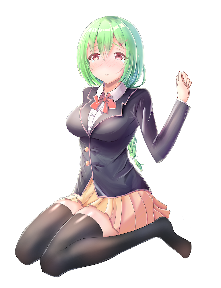 1girl black_legwear blazer blush braid breasts brown_eyes full_body green_hair hair_between_eyes hair_ornament hairclip hand_up jacket large_breasts long_hair looking_at_viewer renshuunomi school_uniform sitting skirt thigh-highs wariza yellow_skirt