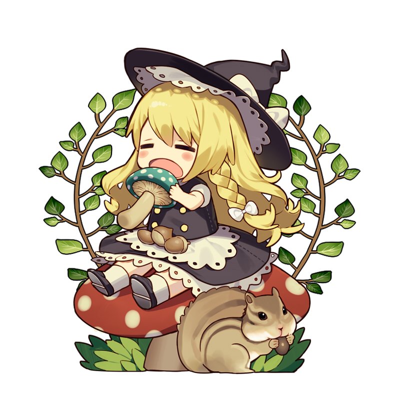 1girl =_= acorn apron bangs black_footwear black_hat blonde_hair blush bow braid branch chibi closed_eyes commentary_request food full_body hair_bow hat hat_bow holding holding_food kirisame_marisa lace_trim leaf long_hair misoni_comi mushroom open_mouth petticoat puffy_short_sleeves puffy_sleeves shoes short_sleeves simple_background single_braid sitting socks solo squirrel touhou waist_apron white_background white_bow white_legwear witch_hat