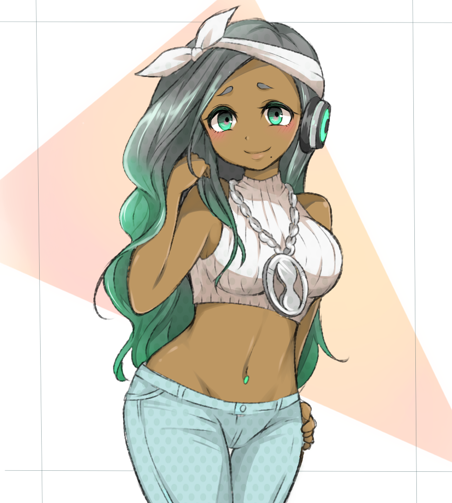 1girl bare_arms bare_shoulders black_hair blush breasts closed_mouth crop_top cropped_sweater dark_skin denim green_eyes green_hair groin hand_on_hip hand_up headband headphones hips humanization iida_(splatoon) jeans lips long_hair looking_at_viewer mesoso midriff mole mole_under_mouth multicolored_hair navel navel_piercing pants piercing smile solo splatoon splatoon_2 standing stomach sweater_vest thigh_gap turtleneck upper_body very_long_hair