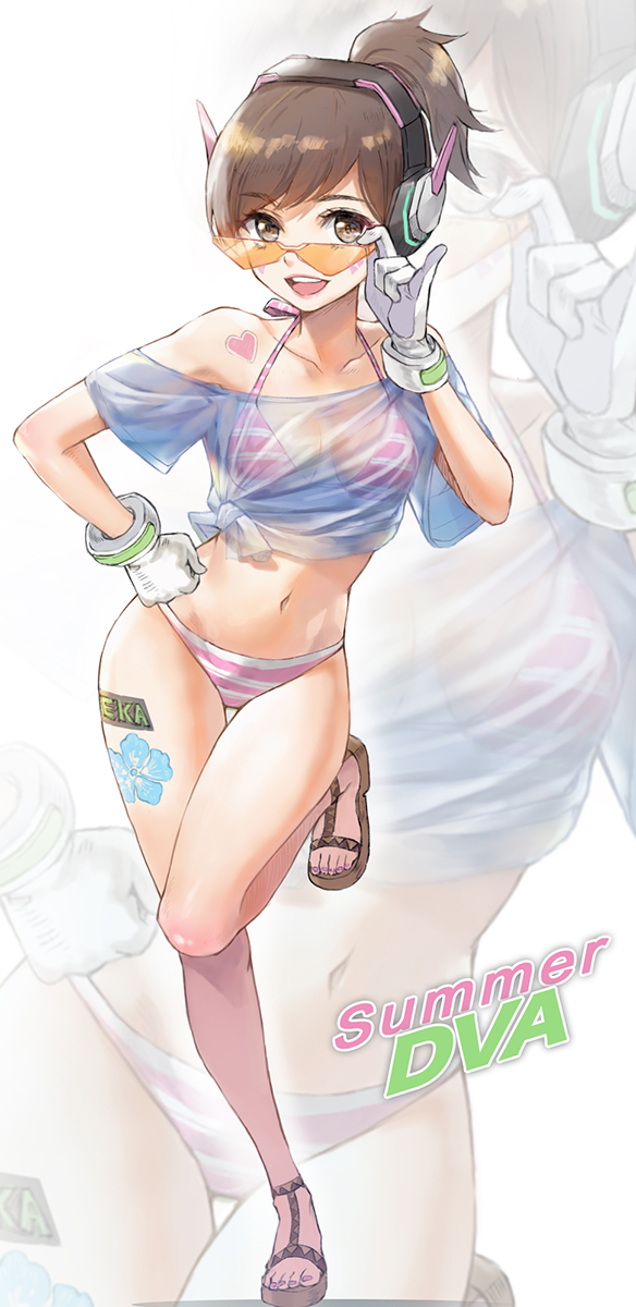 1girl :d adjusting_eyewear bikini breasts brown_hair commentary_request d.va_(overwatch) eyebrows_visible_through_hair full_body gloves hand_on_hip highres looking_at_viewer medium_breasts midriff nail_polish navel open_mouth overwatch pink_bikini ponytail sandals see-through shirt short_hair short_ponytail smile solo standing standing_on_one_leg striped striped_bikini sunglasses swimsuit tattoo tied_shirt tonee upper_teeth white_gloves zoom_layer