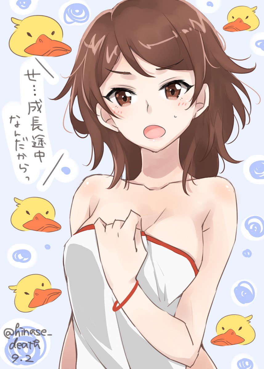 1girl alternate_hairstyle bangs bare_shoulders bird blush bracelet breasts brown_eyes brown_hair casual commentary_request dress duck emblem eyebrows_visible_through_hair female girls_und_panzer hair_down hand_on_own_chest highres hinase_(twoxout) jewelry kawanishi_shinobu looking_at_viewer medium_breasts open_mouth short_hair solo standing strapless strapless_dress swept_bangs upper_body white_dress