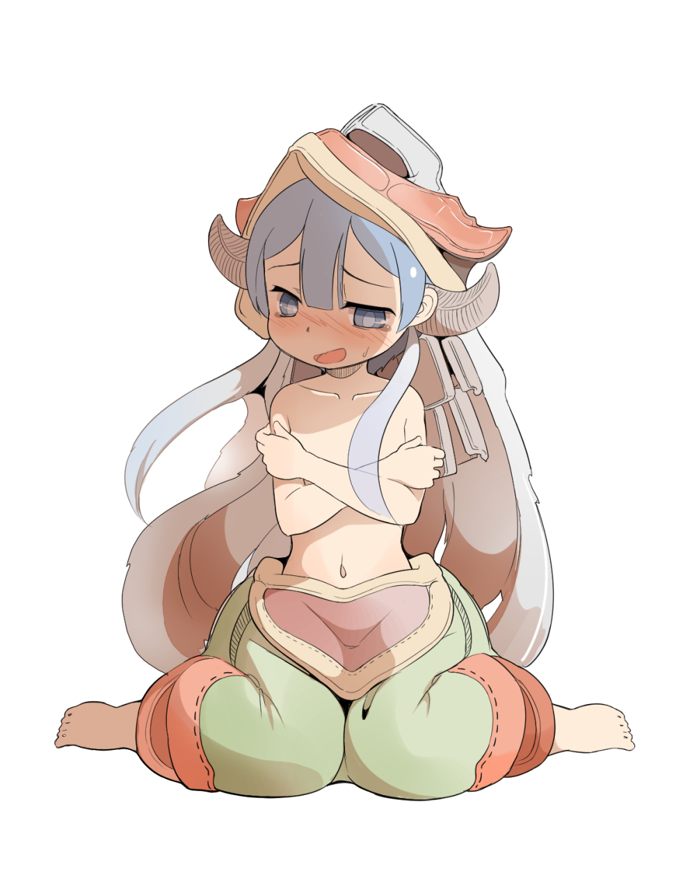1boy artist_request barefoot blue_eyes blue_hair blush cosplay costume_switch covering covering_chest highres horned_headwear made_in_abyss maruruk nanachi_(made_in_abyss) nanachi_(made_in_abyss)_(cosplay) navel otoko_no_ko sitting solo sweatdrop tears topless wariza white_background